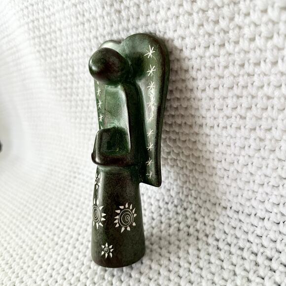 Green Soapstone Praying Folded Hands Angel Figurine Statue Etched Stars Sun 6.5" - Picture 6 of 8